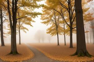 Drawing in pastel colors a natural landscape of the autumn forest in a fog scene with trees in imaginary colors like a dream. photo