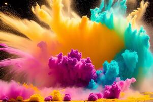abstract colorful particles and sprinkle powder explosion for holiday celebration like holi festival. photo