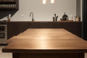 Wooden table top for product display on kitchen modern interior background. AI Generated photo