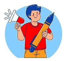 illustration of a man holding a large pen and megaphone vector