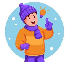 Boy Wearing Warm Clothes and thinking with a Light Bulb vector