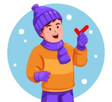 Boy Wearing Warm Clothes Holding a Check Mark vector