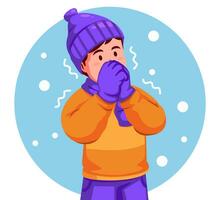 Boy Wearing a Winter Jacket and Sneezing vector