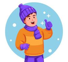 Boy Wearing Winter Clothes Giving a Thumbs Up vector