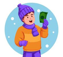 Boy Wearing Warm Clothes Holding a money vector