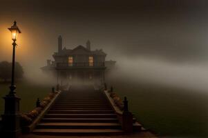 A spooky mansion at night. Spooky staircase with fog and a glowing ghostly apparition. AI Generated photo