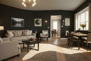 Interior design of modern apartment, living room with black stuco walls and dining room. AI Generated photo