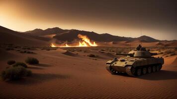 armored tank crosses a mine field during war invasion epic scene of fire and some in the desert. photo