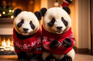 Two panda bears wearing sweaters in front of a fireplace photo