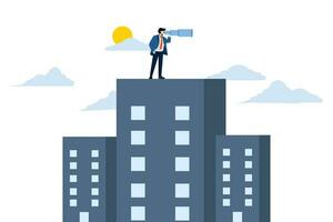 Leadership vision concept, company growth. The future direction of the organization. A businessman stands with binoculars on top of a tall building. flat vector illustration on white background.