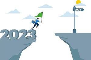 Ambitious businessman waving the finish flag and jumping over the gap from the old year 2023 to 2024, 2024 for business success, year's resolution or opportunity, motivation and work enjoyment. vector