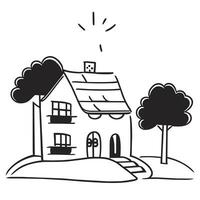 un negro y blanco dibujo de un casa con arboles vector