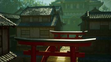 A red gate in front of a row of buildings video