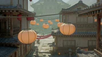 A street with lanterns hanging from it's sides video