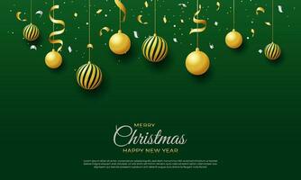 Merry christmas and happy new year poster or banner design with confetti and balls on gren dark background vector