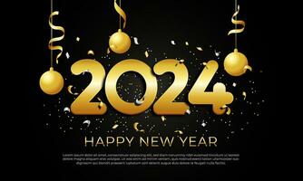 Happy new year 2024 with gold number and confetti design on dark background,suitable for holiday banner,poster design,greeting card design template illustration vector