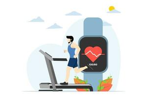 Healthy lifestyle concept, A Man Walks Or Runs On A Treadmill Using An Application On A Smart Watch To Record Health Conditions Heartbeat. Internet of Things Vector Background. IoT Illustration Banner