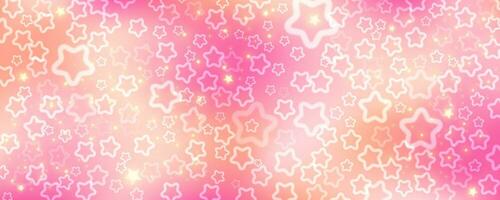 Pink sky with stars and bokeh. Kawaii fantasy background. Magic glitter space with iridescent texture. Abstract vector wallpaper