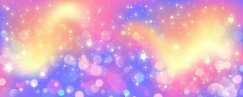 Purple unicorn background. Pastel wavy watercolor sky with glitter stars and bokeh. Fantasy galaxy with holographic texture. Magic marble space. Vector