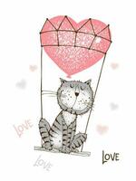 A Valentine's Day card. Cute cat is flying in a balloon. Vector. vector