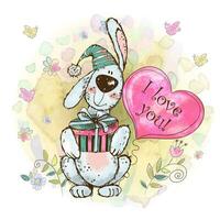 A Valentine's Day card. Cute bunny with a balloon in the form of a watercolor heart.  Watercolor background. Vector. vector