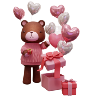 3D rendering illustration of little bear wearing pink clothes on transparent background, suitable for Valentine's Day, wedding, birthday etc. png