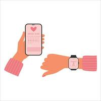 Girl holds phone with a menstruation calendar app with synchronization with smart watch. Period ovulation days tracker. vector