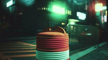 A red and white trash can sitting on the side of a road video