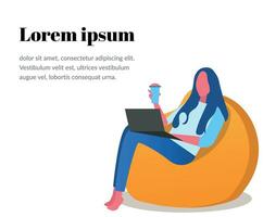 Woman works in the cozy chair with laptop, vector illustration