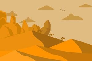 Desierto paisaje con arena dunas y rocas debajo el cielo. seco y caliente naturaleza antecedentes con paralaje ver de amarillo arenoso sierras, dibujos animados vector ilustración.