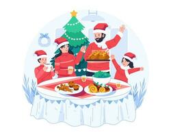contento familia disfrutando Navidad cena juntos a hogar. padres y niños en Papa Noel sombreros sentado alrededor el mesa con Navidad comida vector