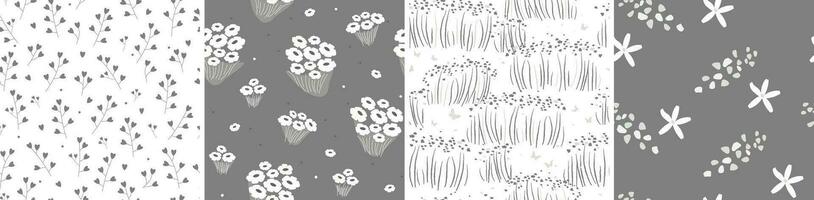 A set of seamless patterns with abstract flowers, bouquets, leaves, branches. Summer monochrome natural print. Vector graphics.