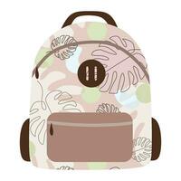 Abstract school backpack in flat style. Modern Backpack with Monstera print, illustration isolated on white for sticker patch. Backpack, bag for children, students, travelers, tourists. Design element vector