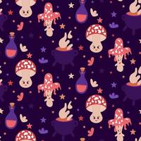 Cozy mystical seamless pattern with mushroom. Dark theme. Flat kawaii magical elements. Witch related items. Graphic print design for wrapping paper, kids textile, background, banner, stationary vector