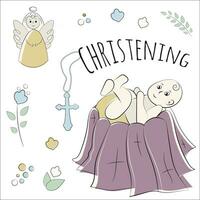 Christening linear illustration with baby vector