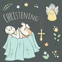 Christening linear illustration with baby vector