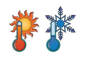 caliente y frío temperatura termómetro íconos con Dom y copo de nieve vector