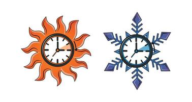 íconos reloj transición a invierno y verano hora con Dom y copo de nieve vector