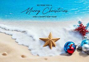 AI generated Christmas background, complete with Christmas decorations isolated on beach sand background, top view photo