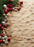 AI generated Christmas background, complete with Christmas decorations isolated on beach sand background, top view photo