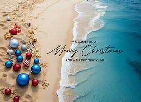 AI generated Christmas background, complete with Christmas decorations isolated on beach sand background, top view photo