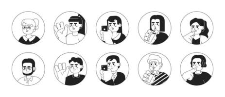 Different ages asians black and white 2D vector avatars illustration bundle