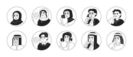 Arab turkish adults black and white 2D vector avatars illustration bundle