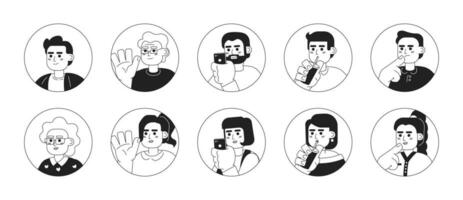 Caucasian different aged black and white 2D vector avatars illustration bundle