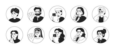 Adults south asians black and white 2D vector avatars illustration bundle