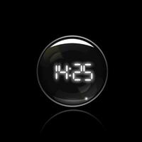 3D realistic digital watch, round with a chrome bezel. Vector illustration on black background