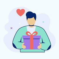 Man holding a gift box in his hands, flat vector illustration for Valentine's Day.