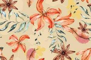 Seamless pattern flower with watercolor.Designed for fabric and wallpaper, vintage style.Blooming orange floral painting for summer.Flower freesia background.Botanical autumn background. vector