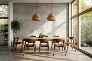 AI generated Interior of modern dining room with white walls, tiled floor, wooden table with brown chairs and round wooden table with brown chairs. Generative Ai. photo