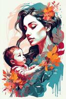 ai generado hermosa madre con bebé en su brazos. vistoso vector ilustración. foto